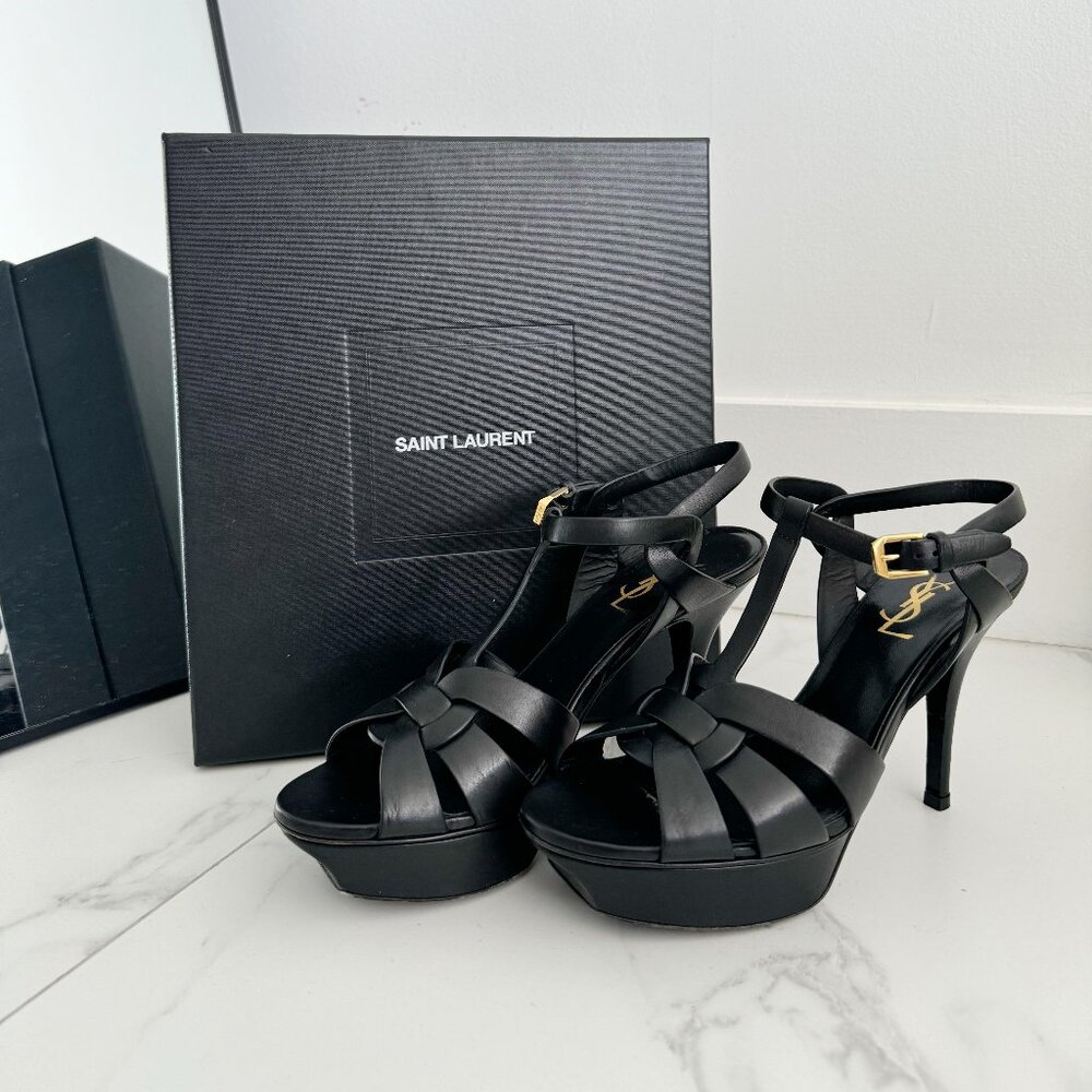 Saint Laurent Tribute 105 Platform Smooth Leather Sandal Heels Black